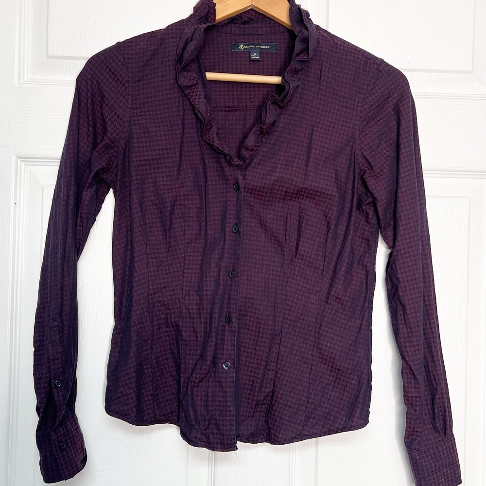 Brooks Brothers Womens 2 Red/Blue Houndstooth Button Up Ruffle V-Neck Blouse